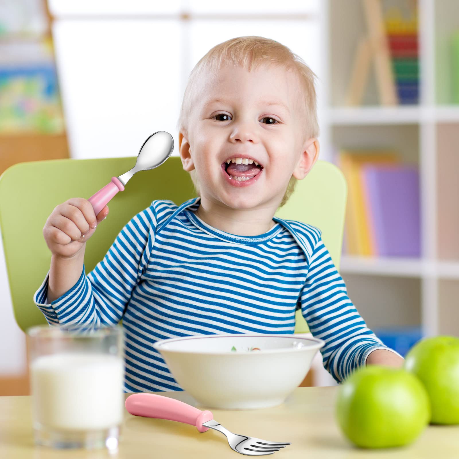 24 Pieces Toddler Spoons and Forks Toddler Silverware Set Stainless Steel Utensils Kids Cutlery Toddler Silverware with Round Ha